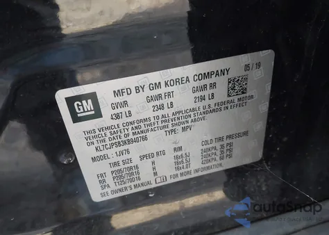 2019 Chevrolet Trax Lt z USA, uszkodzony, nr VIN KL7CJPSB3KB940766